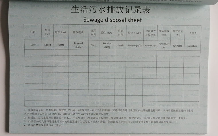 生活污水排放记录表船舶污染物接收处理装置运行维护处理器记录表