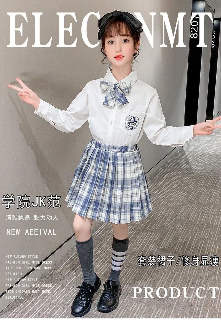 亚百鹿女童jk制服夏季新款洋气10岁儿童格子套装裙学院风日系宽松