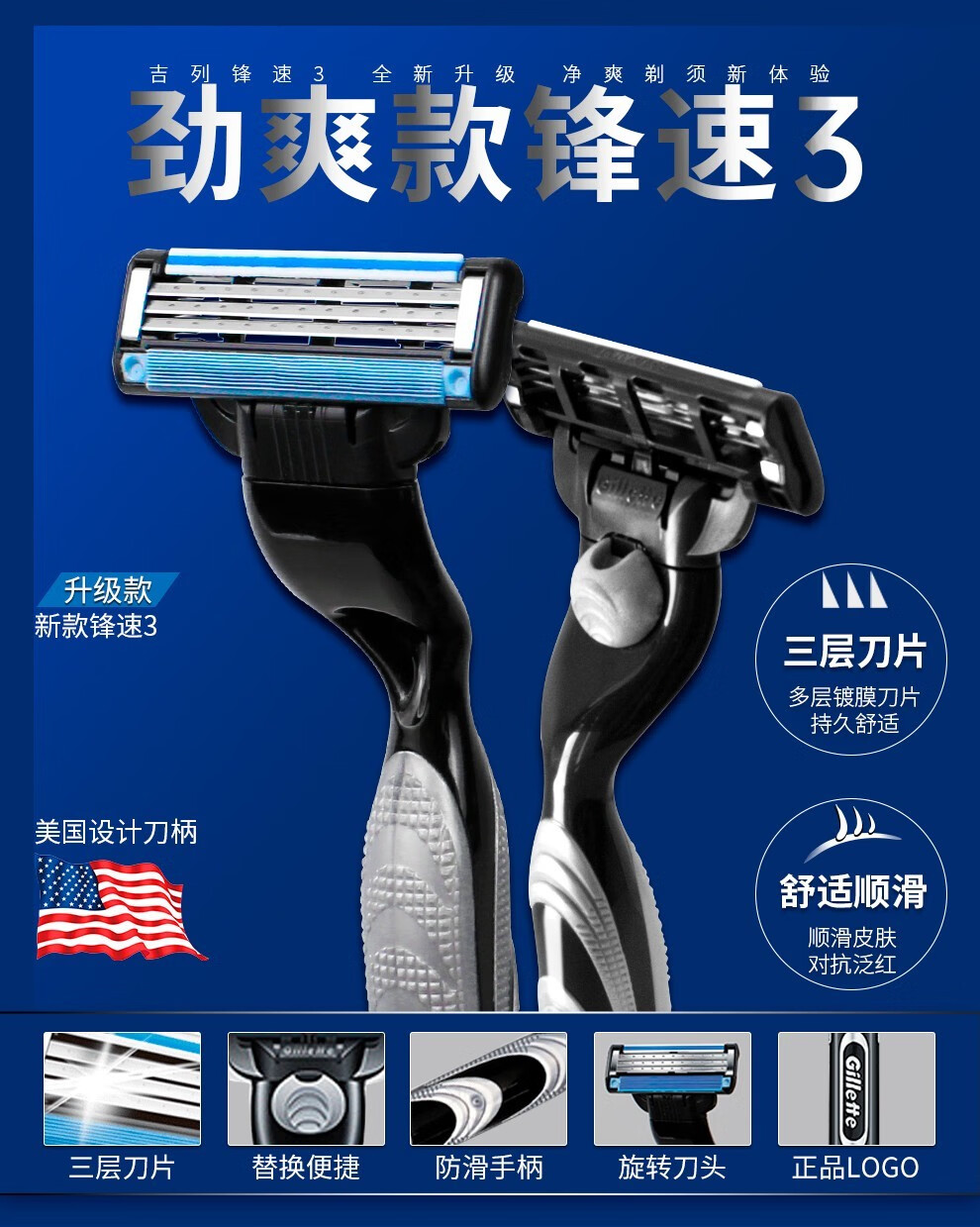 吉列（Gillette）锋速3经典手动剃须刀男士刮胡刀3层胡须刀头刀片 【钜惠囤货装】锋速3  12刀头