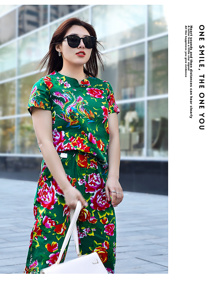 阁版东北花衣服夏大花布民族风生日派对闺蜜装短袖睡衣裤子女印花色