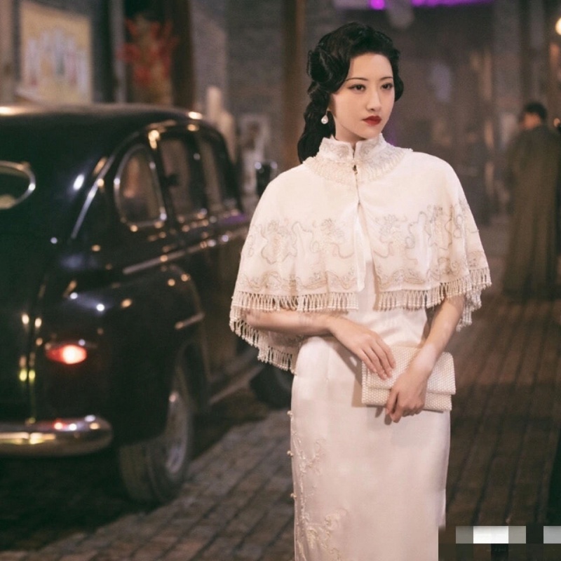 旗袍披肩春夏司藤景甜同款衣服短袖立领修身显瘦中长款绣花旗袍礼服钉