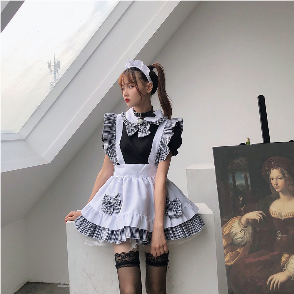 女仆装可爱萌系洛丽塔ita公主套装 cosplay黑白格蝴蝶结送头饰 全套