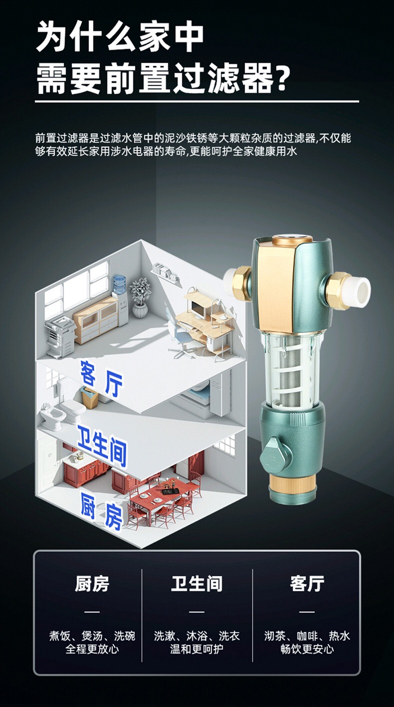 2022新款前置过滤器家用斯密斯热全铜自来水前置过滤器净水器自动反