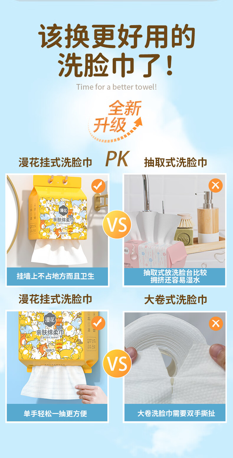 漫花一次性洗脸巾干湿两用卸妆擦脸居家悬挂式棉柔巾加大加厚100抽/包 悬挂式洗脸巾100抽/包 1包【加厚珍珠纹大尺寸】
