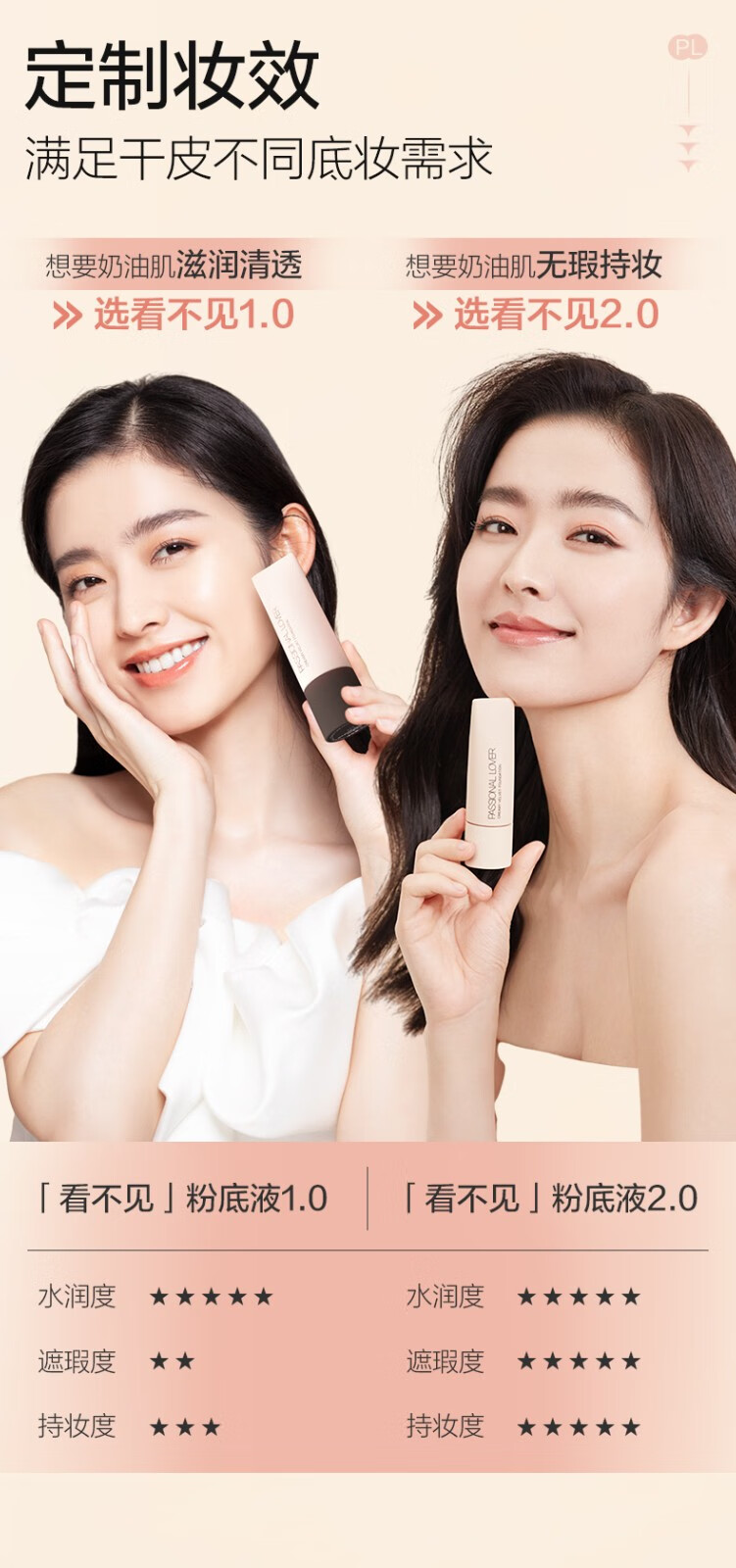 Passional Lover /PL看不见粉底液2.0 化妆品奶油肌干皮不卡粉持久不脱妆粉底礼物 00瓷白色10g【看不见1.0】
