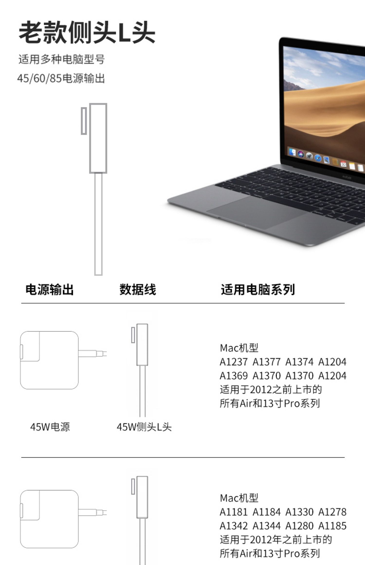 电脑充电器macbook air/mac/pro笔记本充电线电源适配器电源线快充45w