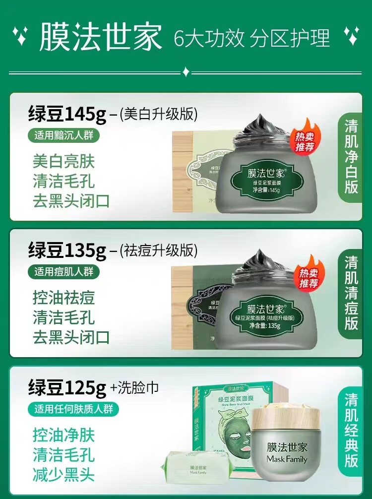 膜法世家绿豆清洁泥膜改善黑头闭口深层清洁毛孔美白面膜祛痘控油魔法世家 珍珠粉泥膜135g