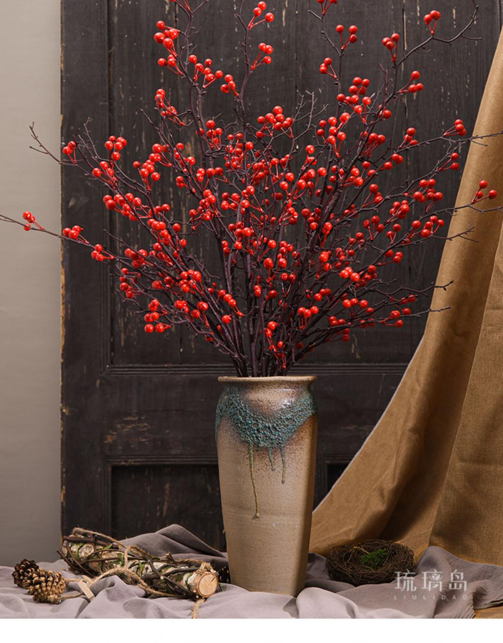 冬青红果仿真 北美冬青红果果带花瓶幸运果仿真过年插花红色装饰客厅