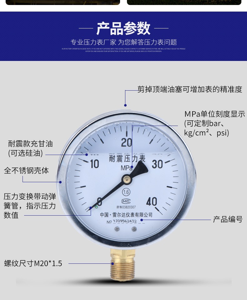 雷尔达 耐震防震抗震压力表yn100充油表 气压油压水压真空表 负压 yn