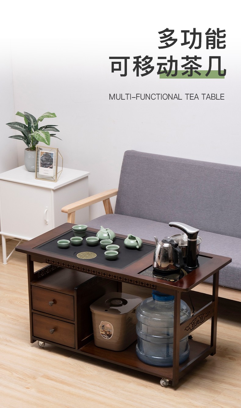 悠阳 茶水柜带轮可移动客厅家用小桌子茶几简约现代泡茶桌茶盘茶具套装小茶车 矮款80长带门+乌金石+黑色全自动电器