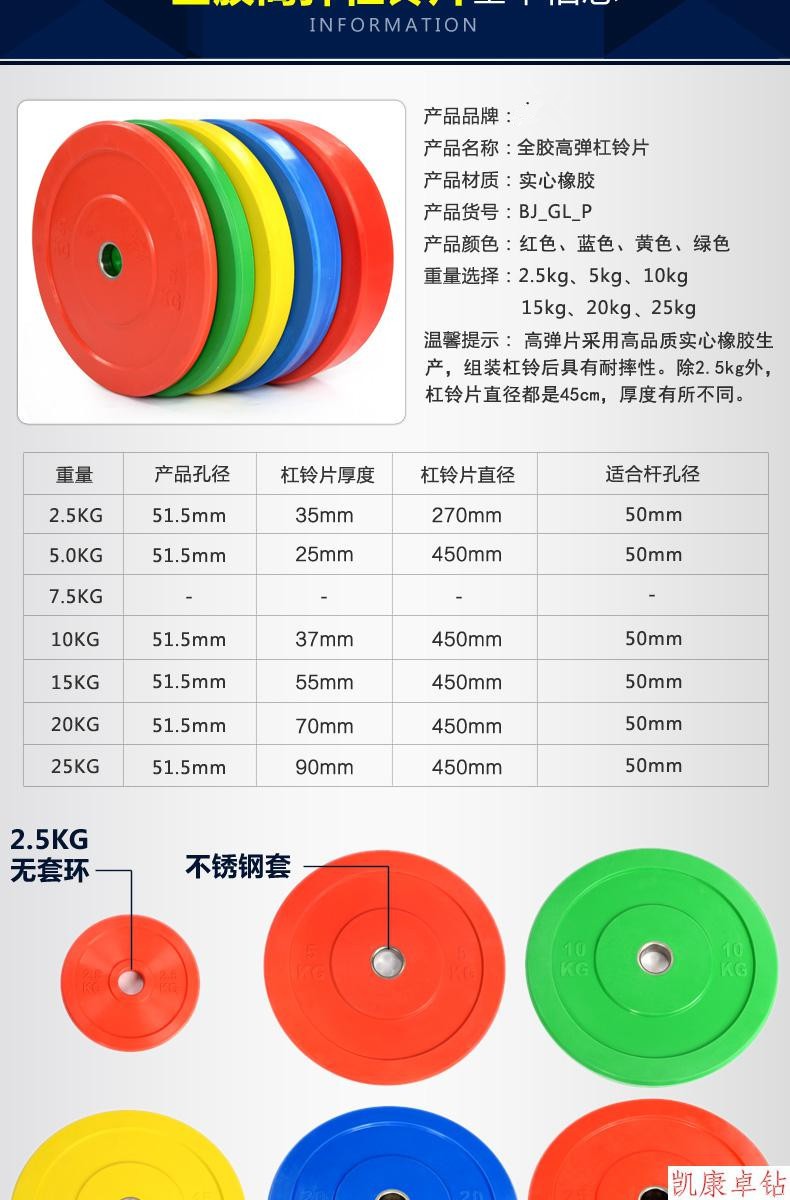 杠铃配重片大孔举重片大重量健身专用杠铃 五孔包胶片 高弹片三孔pu