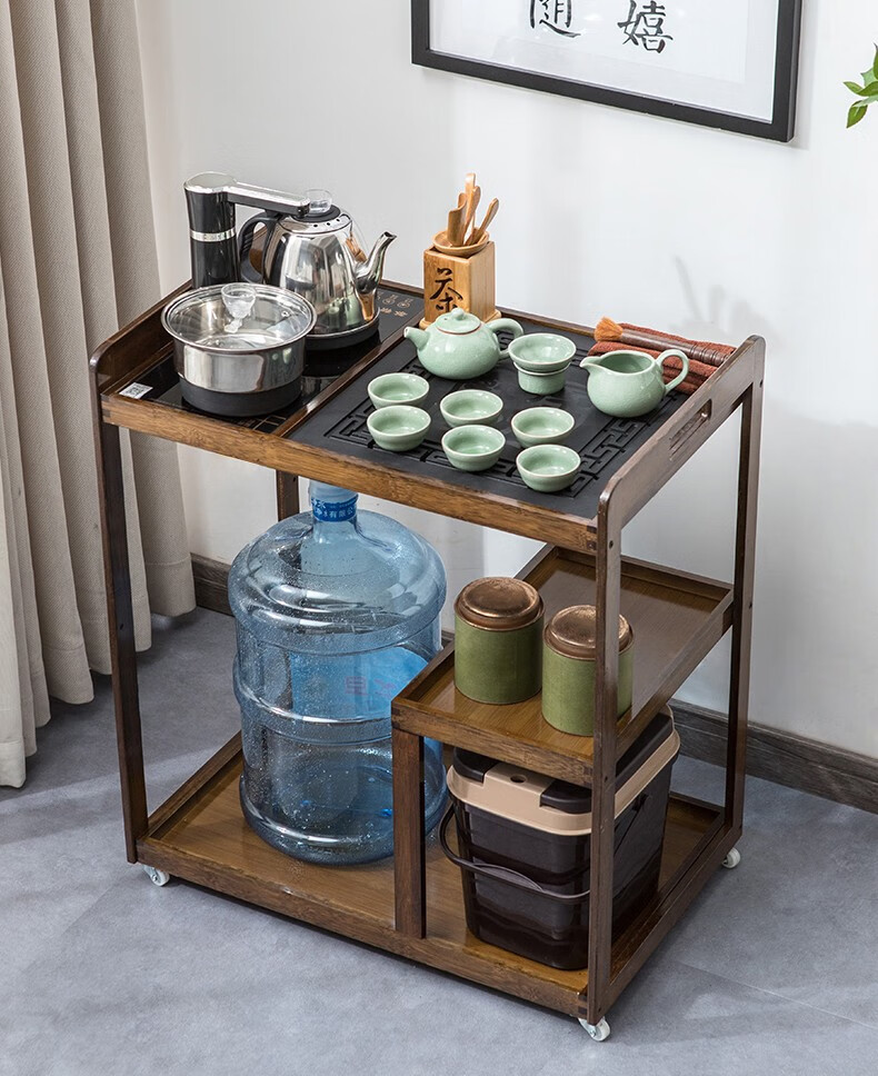 悠阳 移动茶台茶车简约家用茶水柜非实木小茶桌茶盘功夫茶具套装泡茶桌 胡桃色茶车+磁石+黑色全自动电器
