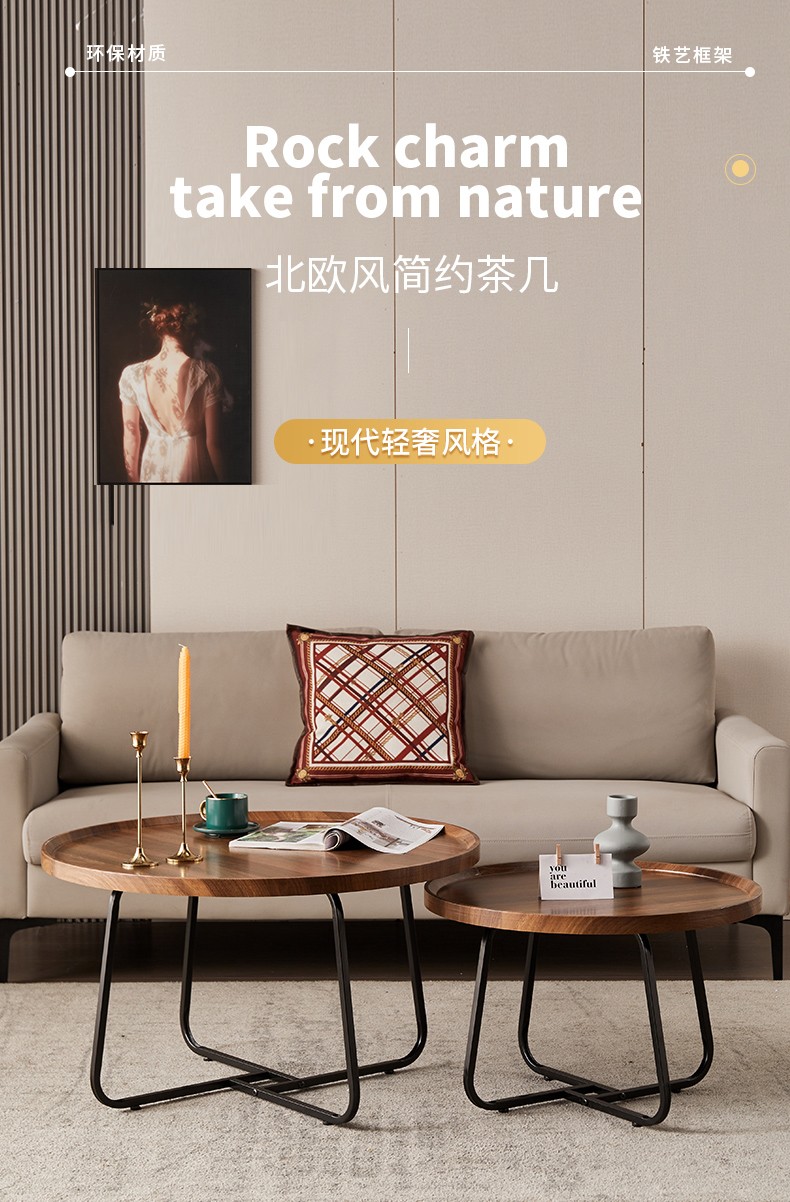 京焱 轻奢客厅小户型茶几简约现代家用圆形小茶几民宿网红酒店创意圆桌 胡桃色小号60cm