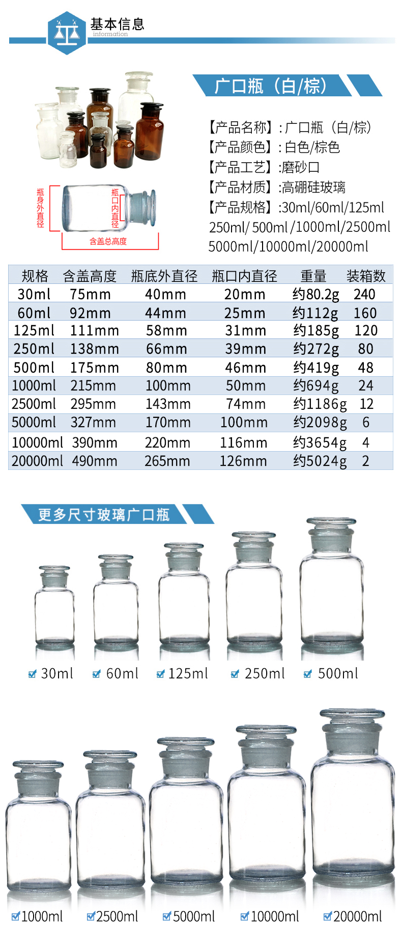 化学药棉酒精瓶分装瓶密封瓶酒精灯茶棕色试剂瓶白广口瓶2500ml无规格