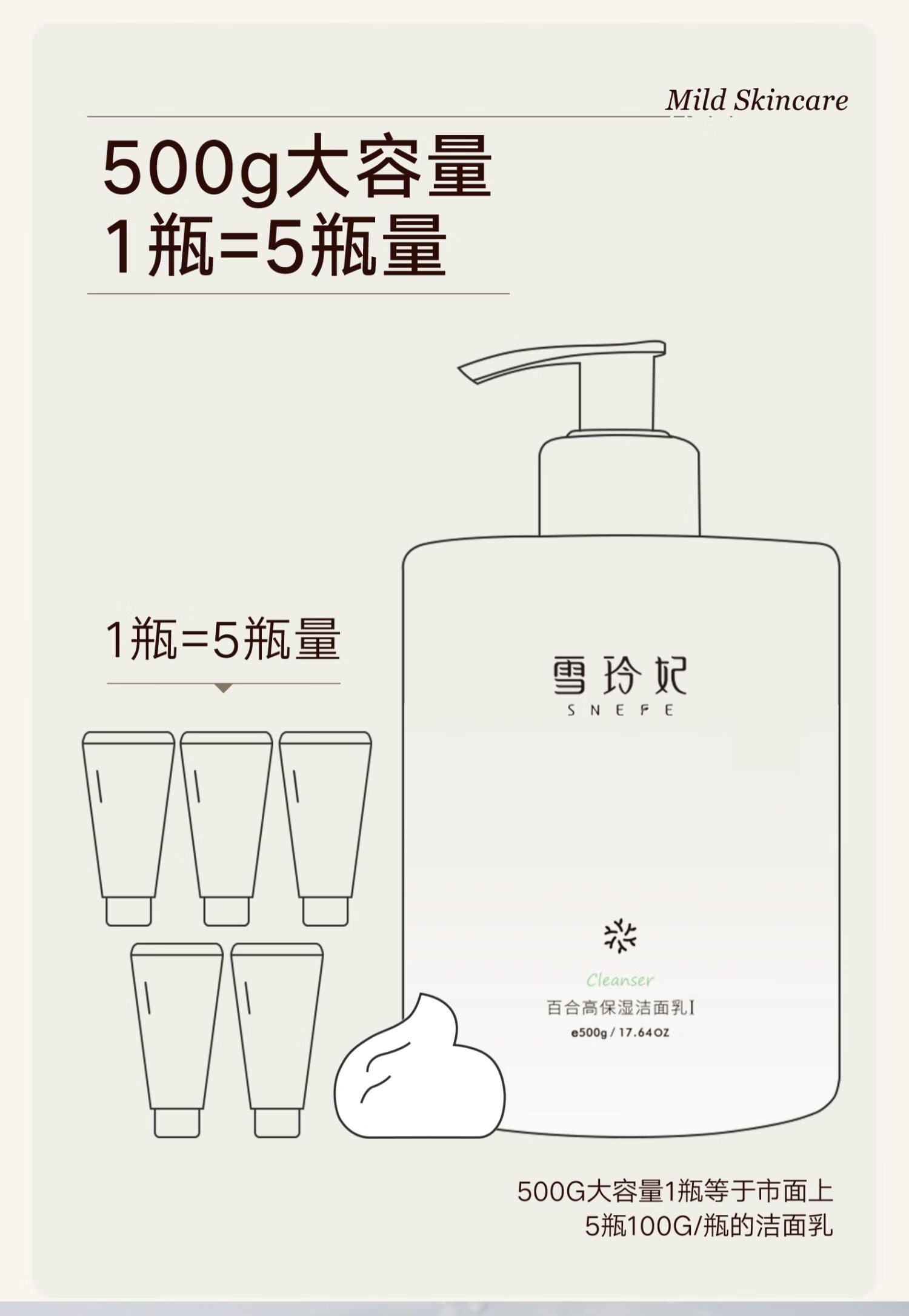 雪玲妃（SNEFE）洗面奶氨基酸温和泡沫黑头除螨 去面部角质女男洁面卸妆女神学生 洗面奶500g控油深层温和清洁
