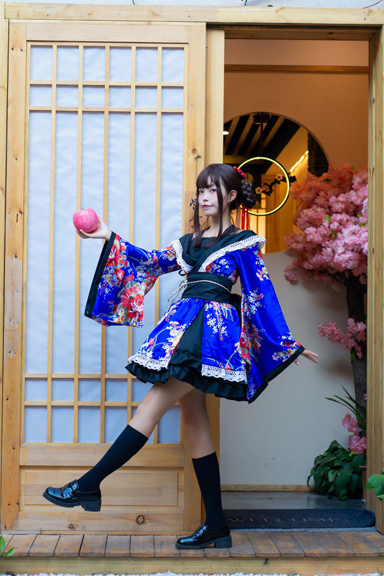 打歌表演服改良版花魁cosplay振袖樱花和服日系宅舞蹈服 紫色 送袜子