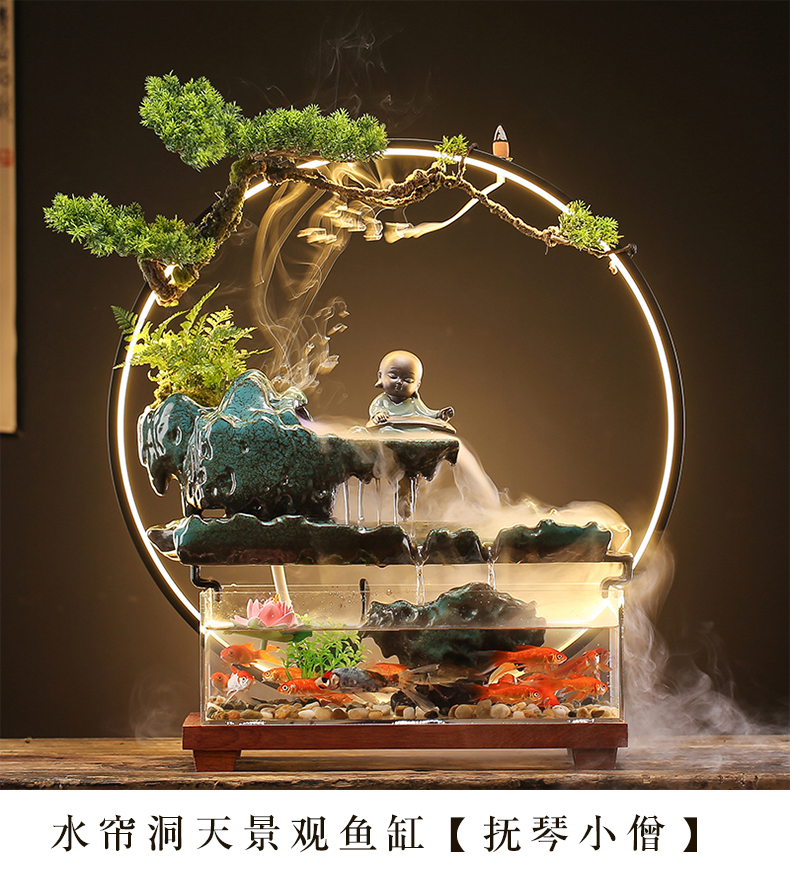 纤雅洁qianyajie中式水景观循环流水加湿器桌面鱼缸办公室内客厅创意