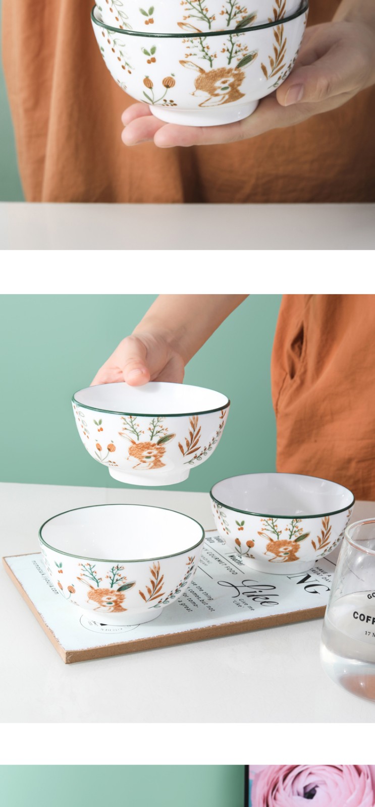 永红淘 碗碟套装陶瓷家用碗盘面碗汤碗深盘水果盘碗单个筷餐具 一鹿有你-4碗4盘4勺4筷