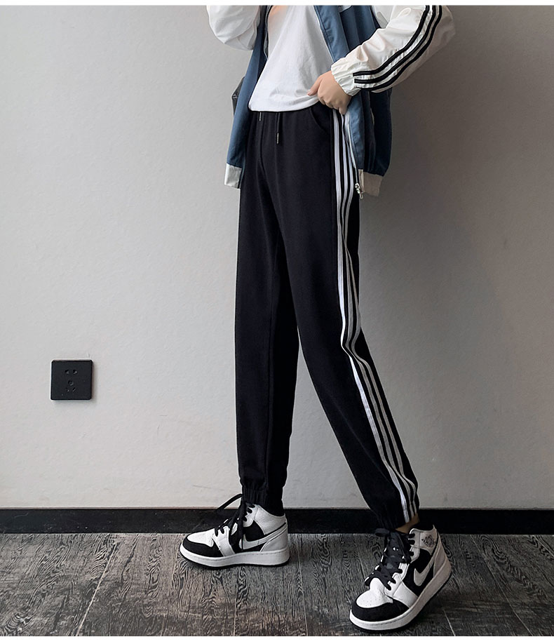 黑色运动裤女宽松束脚显收夏季休闲哈伦裤子春秋季薄款潮 三条杠灰色