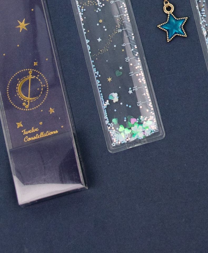 入油十二星座卡通创意流沙带波浪线尺子可爱少女绘图刻度学生书签直尺