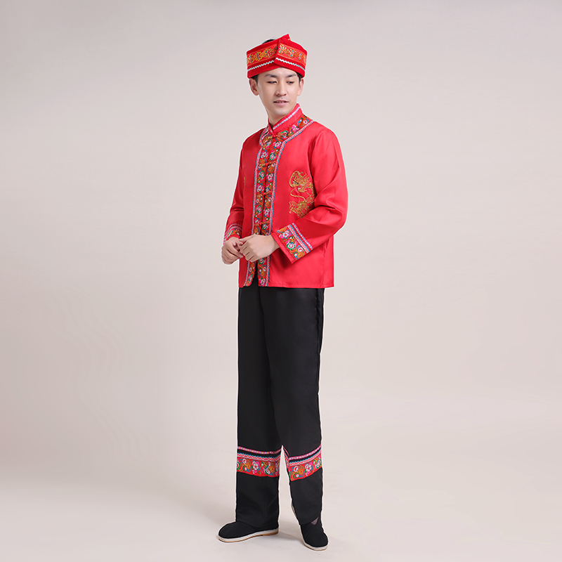 津谨岸男士畲族少数民族演出服装男生舞台合唱舞蹈表演服饰红色160cm