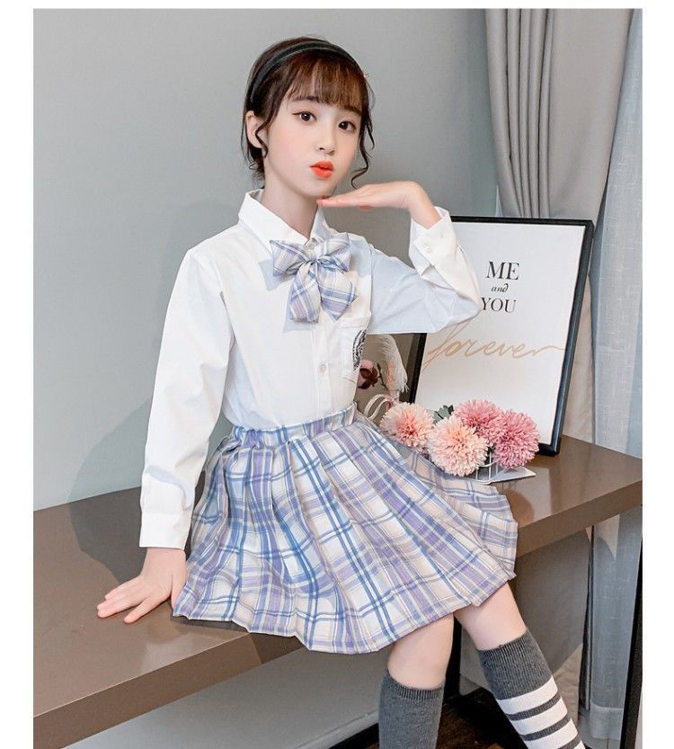 2021新款儿童jk制服百褶裙春夏季长袖衬衫短裙校服学院风套装芋泥蛋糕