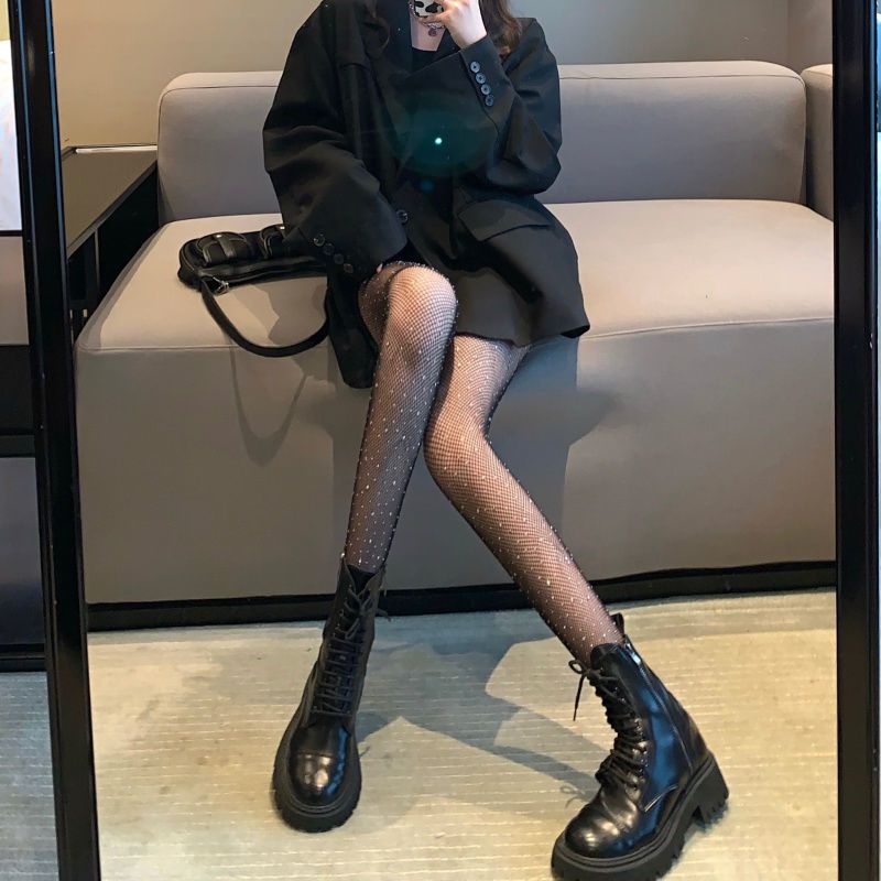 范哲茵黑丝渔网袜渔网袜黑丝带闪钻白丝女网红流行薄款水晶裤鱼网丝袜