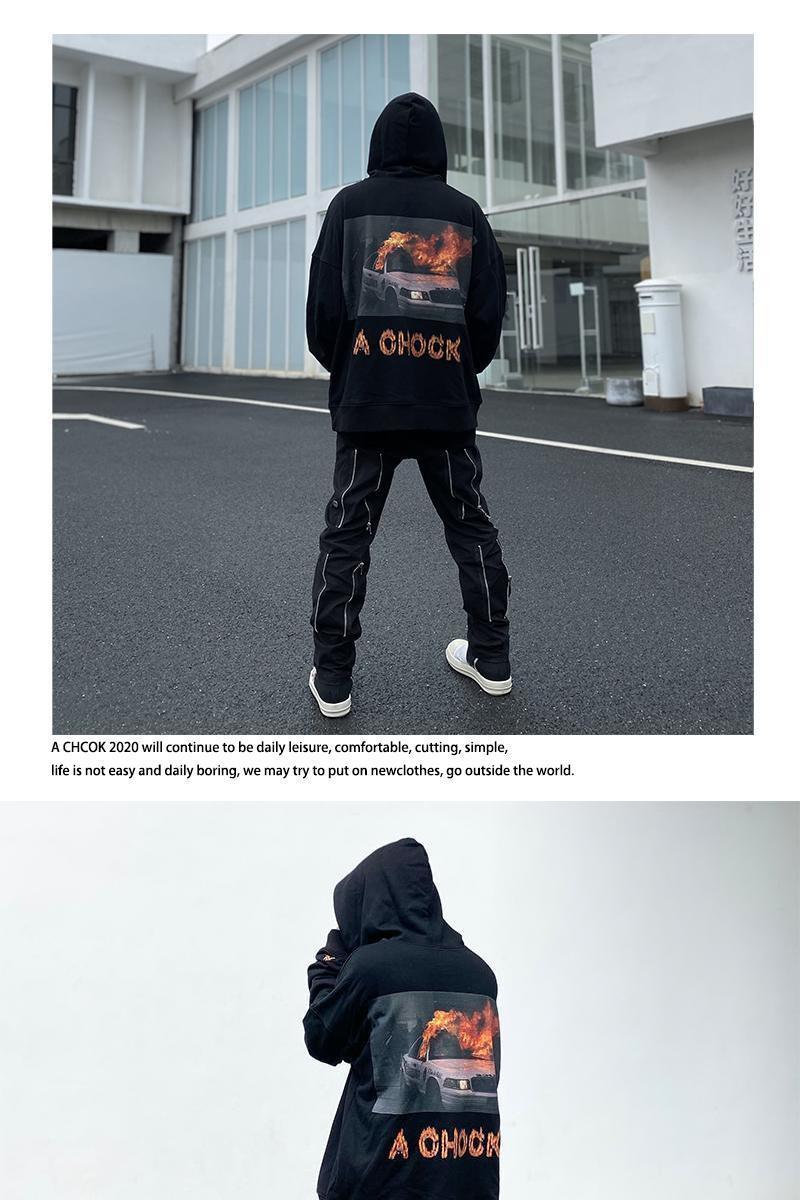 achock原创潮牌刺绣后背汽车火焰印花卫衣宽松情侣连帽上衣黑色薄款m