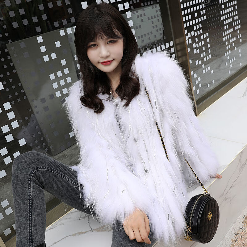 女装2021新款貉子毛真毛短款潮流流苏网红双面编织皮草外套女米白色