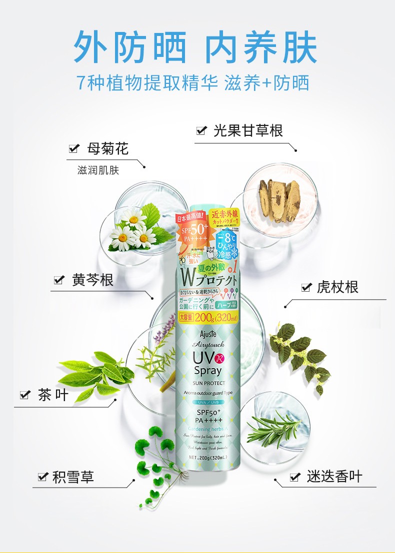 爱伽丝ajuste防晒喷雾日本进口全身uv男女轻薄透气保湿水晶隔离防晒霜 200g/320ml（蓝色清香型）