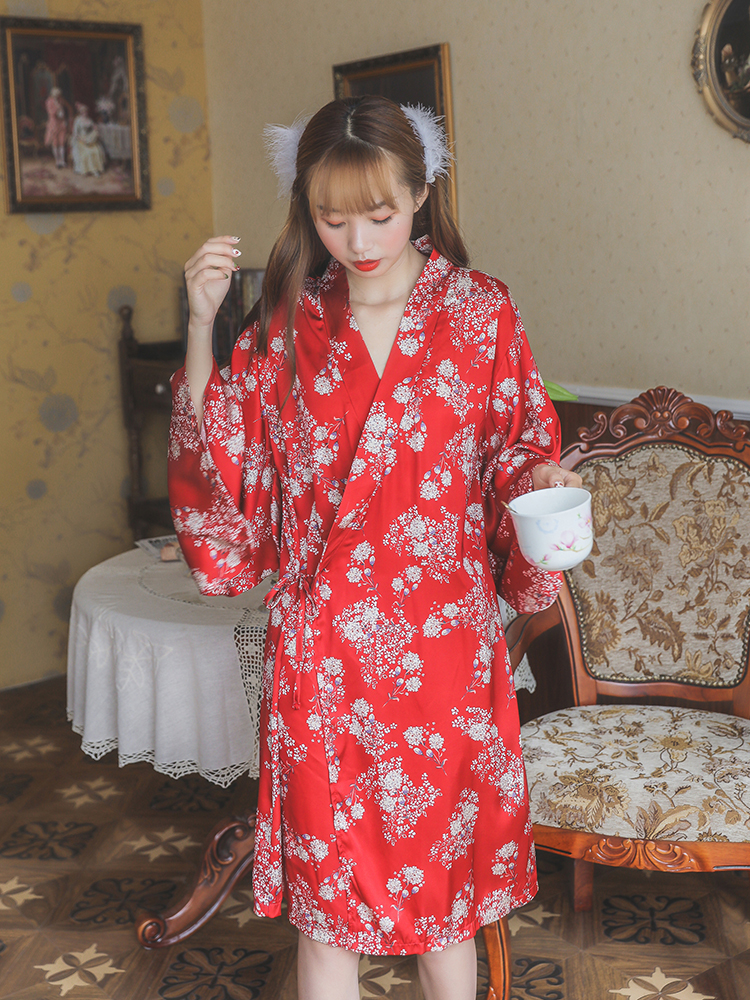 秋季中国风性感长袖甜美可爱汉服红色睡衣古风睡袍日系和服灰绿色均码