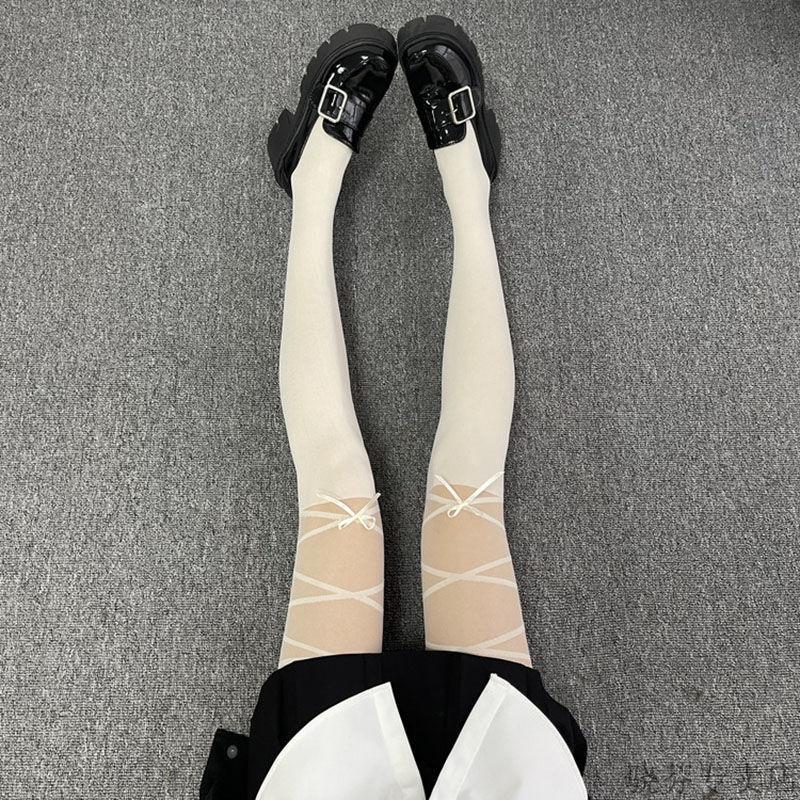 日系交叉绑带jk白丝袜女薄款防勾丝耐穿夏季辣妹性感百搭连裤袜px奶