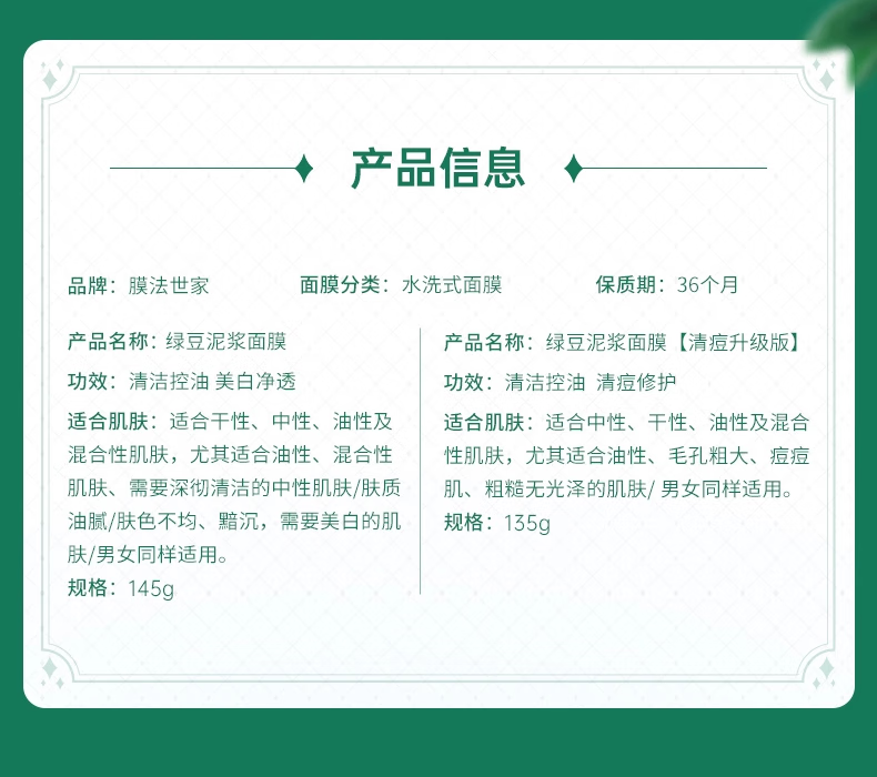 膜法世家绿豆清洁泥膜改善黑头闭口深层清洁毛孔美白面膜祛痘控油魔法世家 珍珠粉泥膜135g