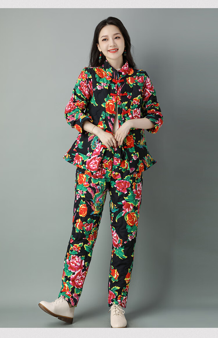 东北花棉袄女大花布衣服棉衣棉裤套装冬加厚盘扣民族风棉袄女冬季棉服