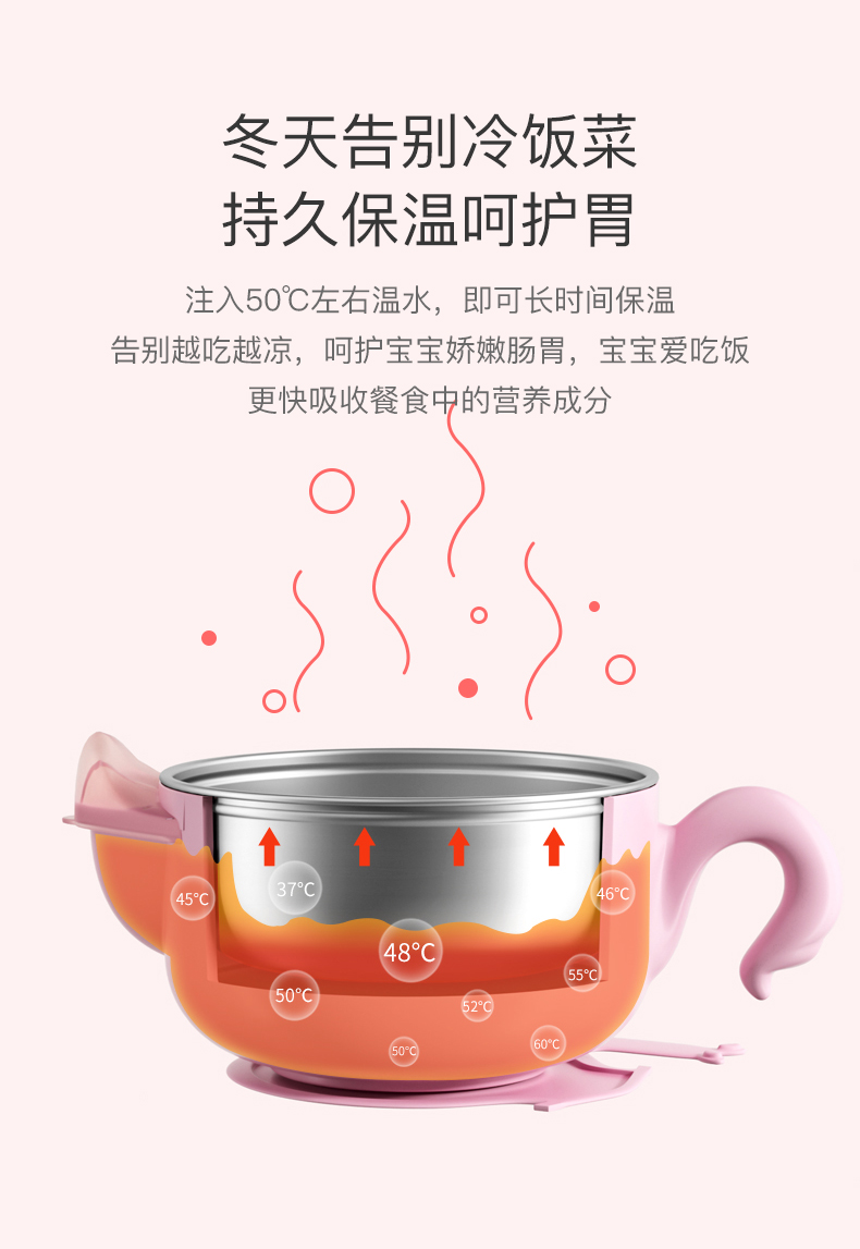 Kissbaby儿童餐具套装婴儿碗辅食碗婴儿碗勺套装 保温吸盘碗不锈钢防摔 宝宝餐具新生儿礼盒 樱花粉【三件套】