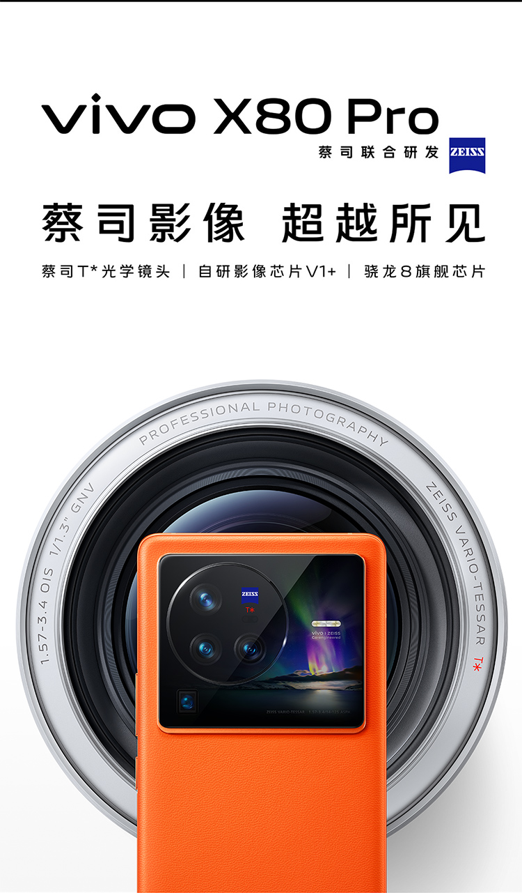 vivo X80 Pro 12GB+256GB 旅程 新一代骁龙8 自研芯片V1+ 蔡司T*光学镜头 双电芯80W闪充 超声波指纹 5G手机