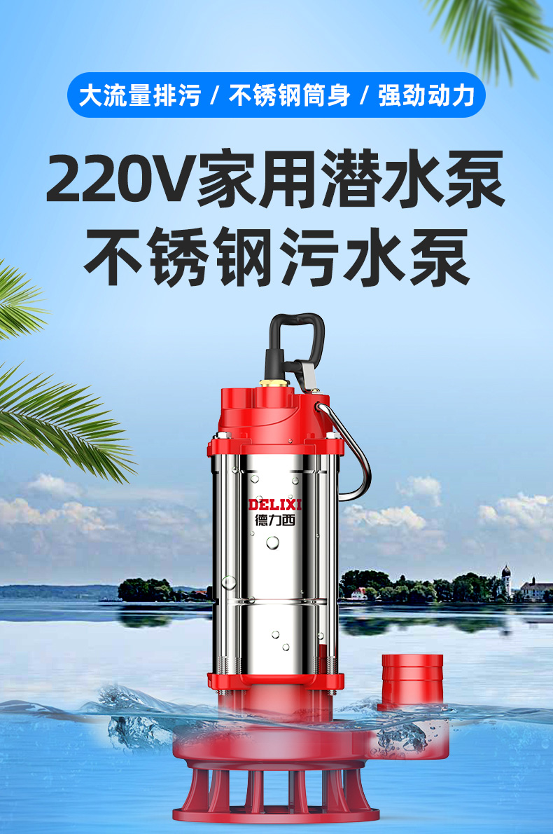德力西潜水泵220v清水泵家用污水泵排污小型抽水机高扬程洗车抽水机