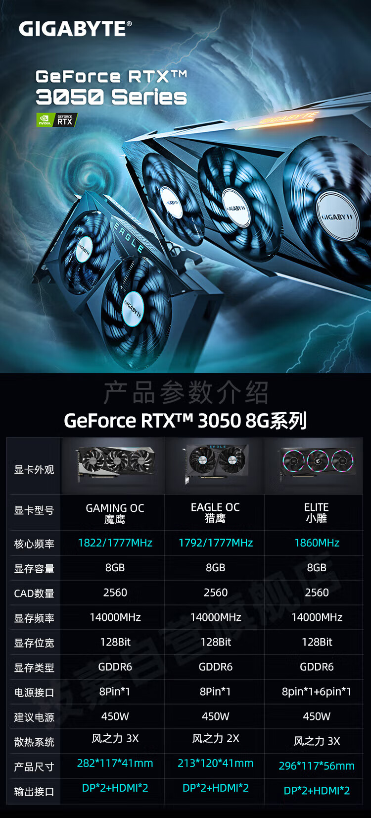 技嘉（GIGABYTE） RTX3050 猎鹰 魔鹰 甜品级台式机电脑永劫无间游戏独立显卡 RTX3050 猎鹰OC