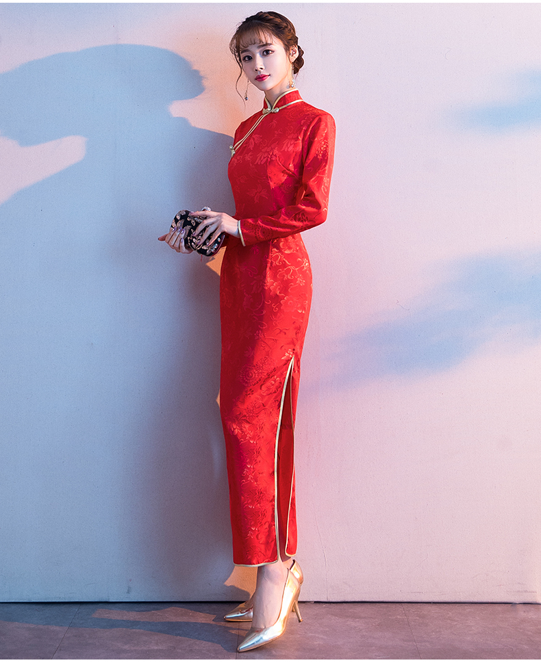 礼仪小姐迎宾旗袍服服装颁奖礼服红色酒店接待前台咨询走秀演出金边