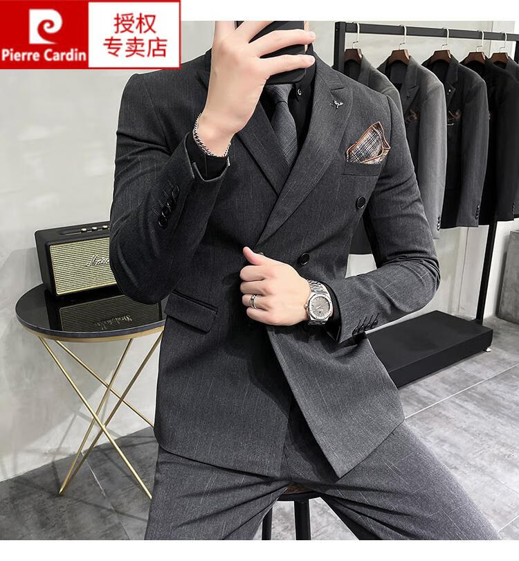 皮尔卡丹法式高档针暗条纹双排扣西服套装男商务休闲职业正装韩版结婚
