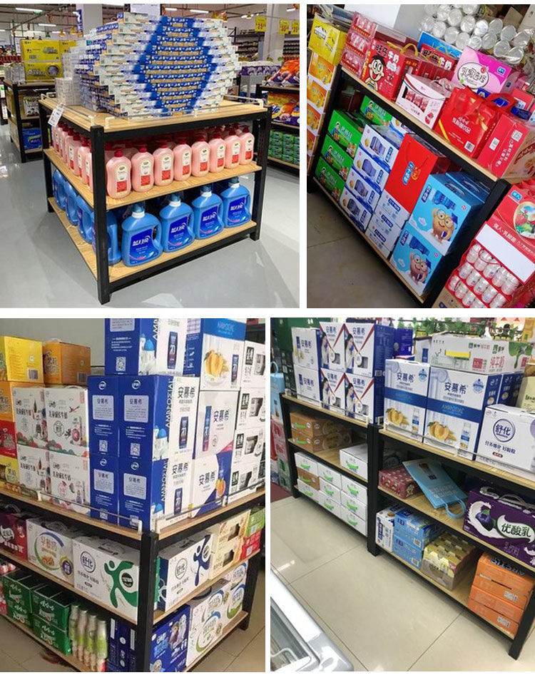 超市地堆架钢木牛奶堆头货架陈列展示架粮油堆架礼品盒三层促销台三层