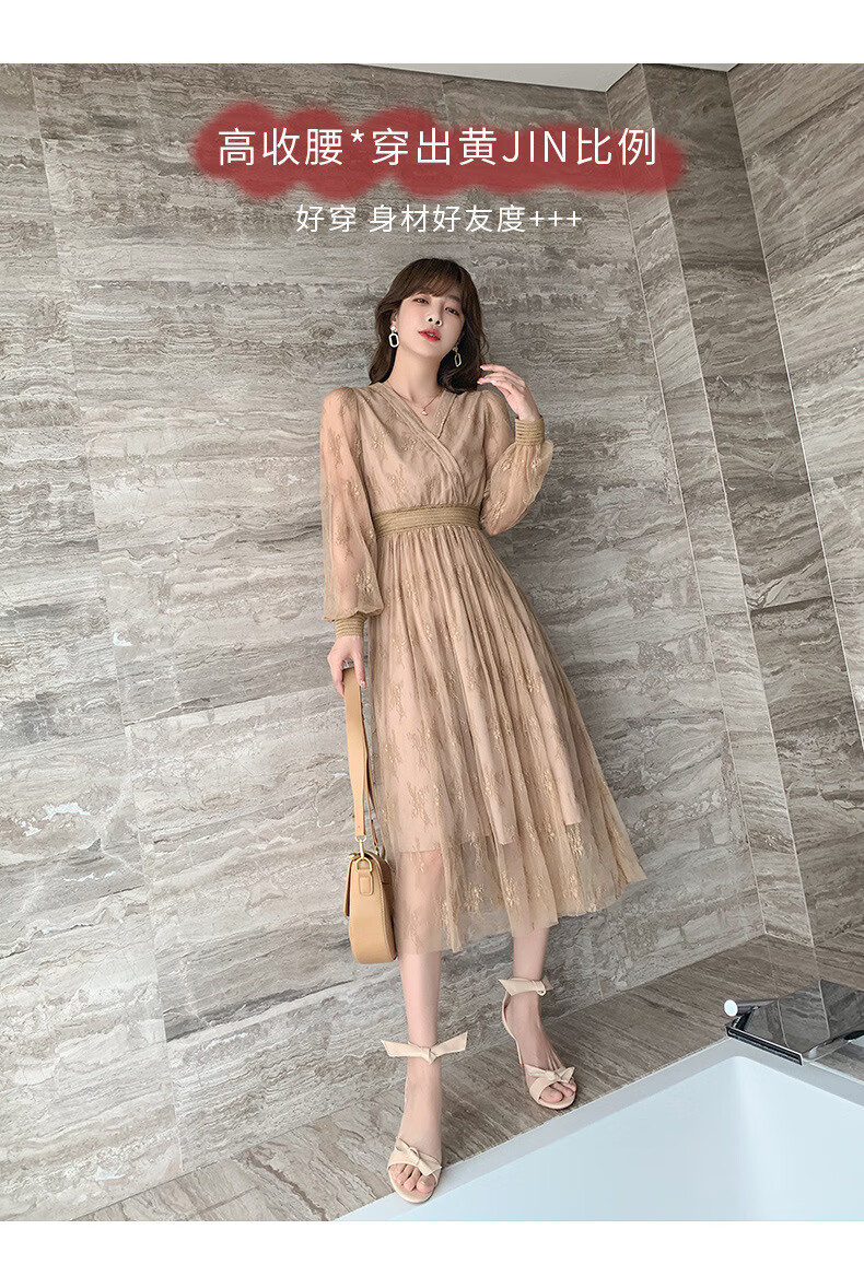 恒源祥彩羊法式复古名媛蕾丝裙2021年秋季新款时尚女装中长款气质v领