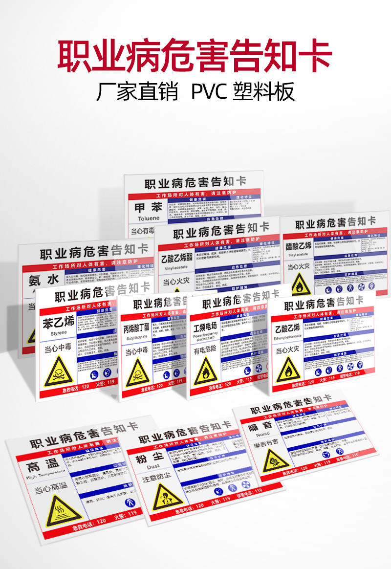 职业病危害告知牌卡粉尘卫生警示告知卡安全标识危险化学品公告栏噪声