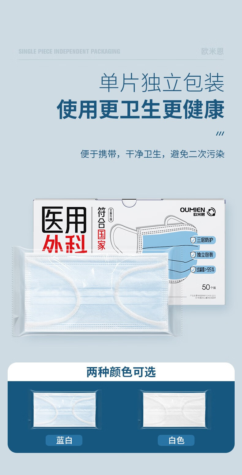 欧米恩医用外科口罩50只/盒 每只独立包装 三层防护含熔喷层防细菌花粉 细菌过滤率大于95% 蓝色50只独立包装/盒