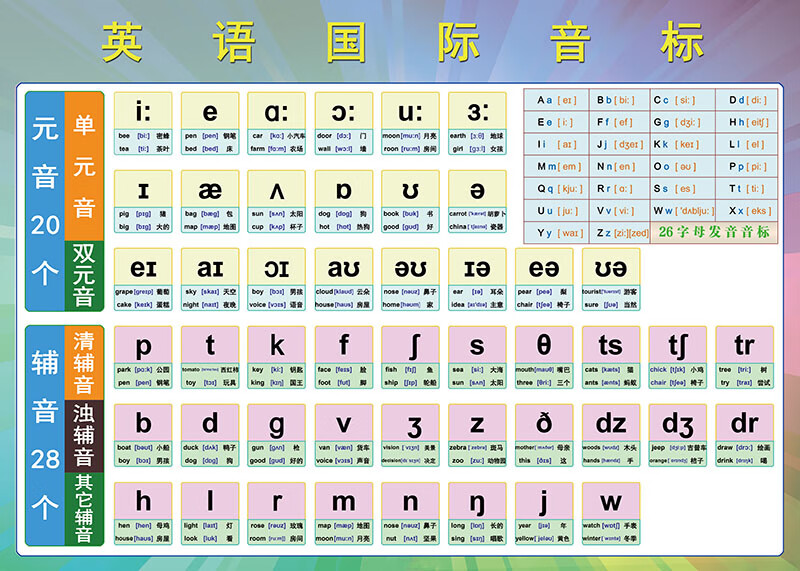 英语音标挂图48个26字母发音表教学贴纸学校贴图家庭墙贴h款音标教学