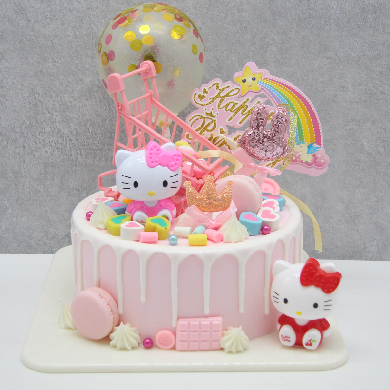 2020最火儿童生日蛋糕,2021最火生日蛋糕儿童 蛋糕模型仿真流行网红卡通插件塑胶生日假蛋糕样品可定制kt猫款6寸