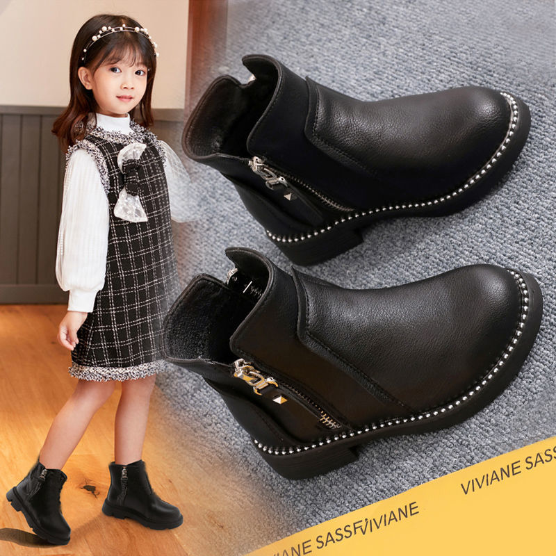 女童马丁靴儿童短靴秋冬棉靴2021年新款女孩中大童双拉链靴子单靴黑色