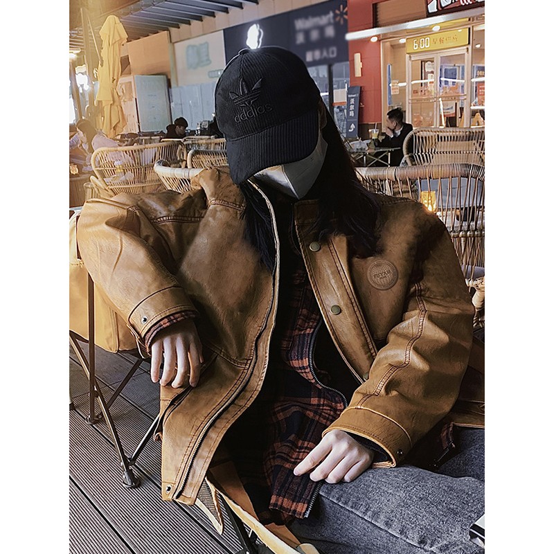 卡盛棕色机车服棒球服男春装新款工装pu皮衣外套ins潮流美式复古宽松
