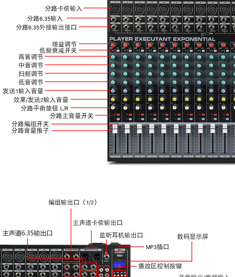 声艺适用8路12路16路调音台带功放混响均衡舞台演出家用话筒效果器8路