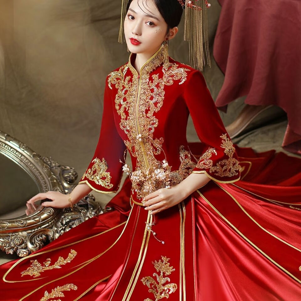 特价捡漏高档轻奢丝绒秀禾服2021新款秋冬结婚新娘礼服女婚纱中式嫁衣
